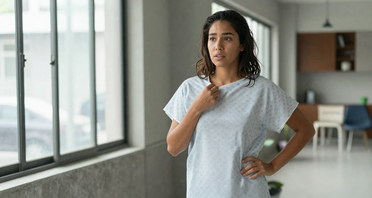 A fascinated Female From Cebu Philippines, gained confidence through swimwear modeling gigs in their 34, taking care of pets and household, wearing a hospital patient gown tailored to be form-fitting, fixing a collar in a urban street.