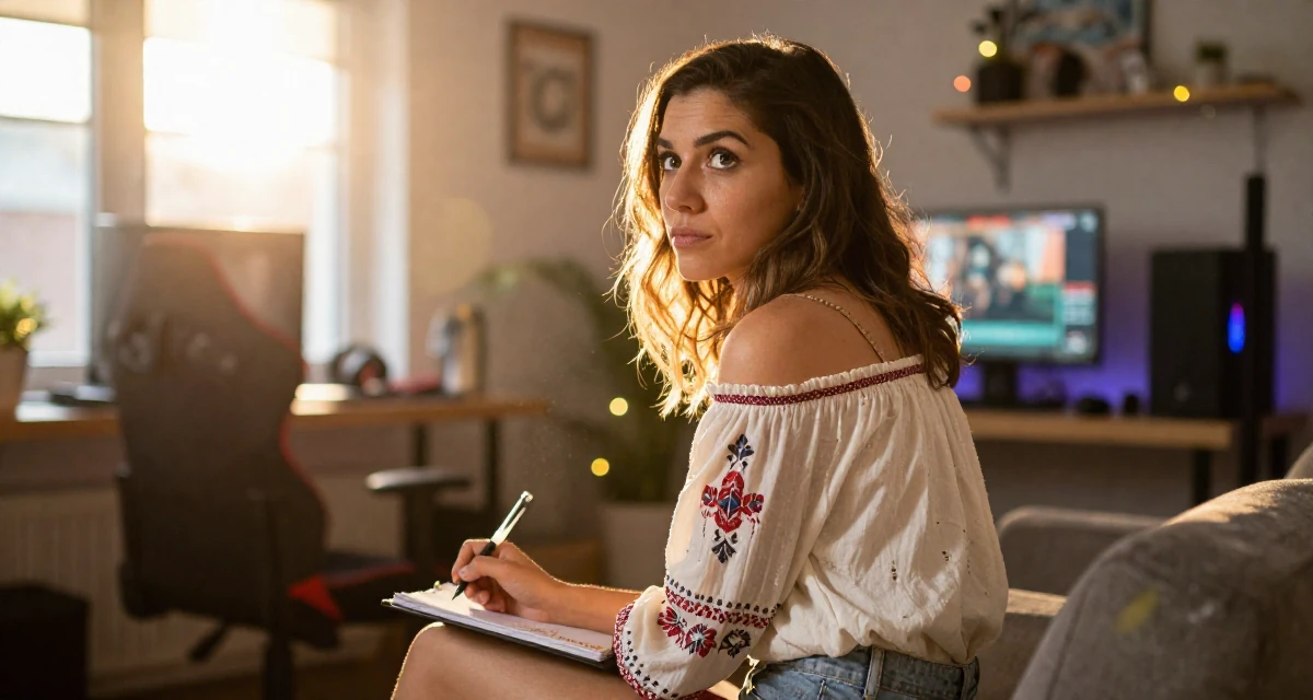 A introspective Female From Montreal Canada, holds a degree in French literature in their 47, sharing tips on managing a multigenerational home, wearing a boho style off-shoulder peasant top and shorts, holding a pen poised to write in a gaming room.