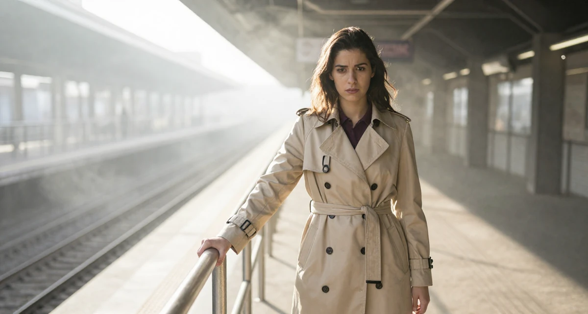 A confused Female From Brazil, trained in digital cinematography in their 23, building content while fighting the urge to quit every week, wearing a long trench coat belted tightly at the waist, holding a railing in a subway platform.