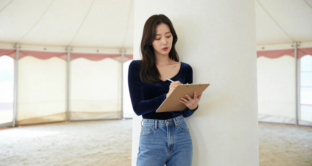 A moody Female From Korea, studied film directing in their 29, seeking mentorship and higher guidance, wearing a velvet bodysuit and high-waisted mom jeans, sketching on a pad in a circus tent interior.