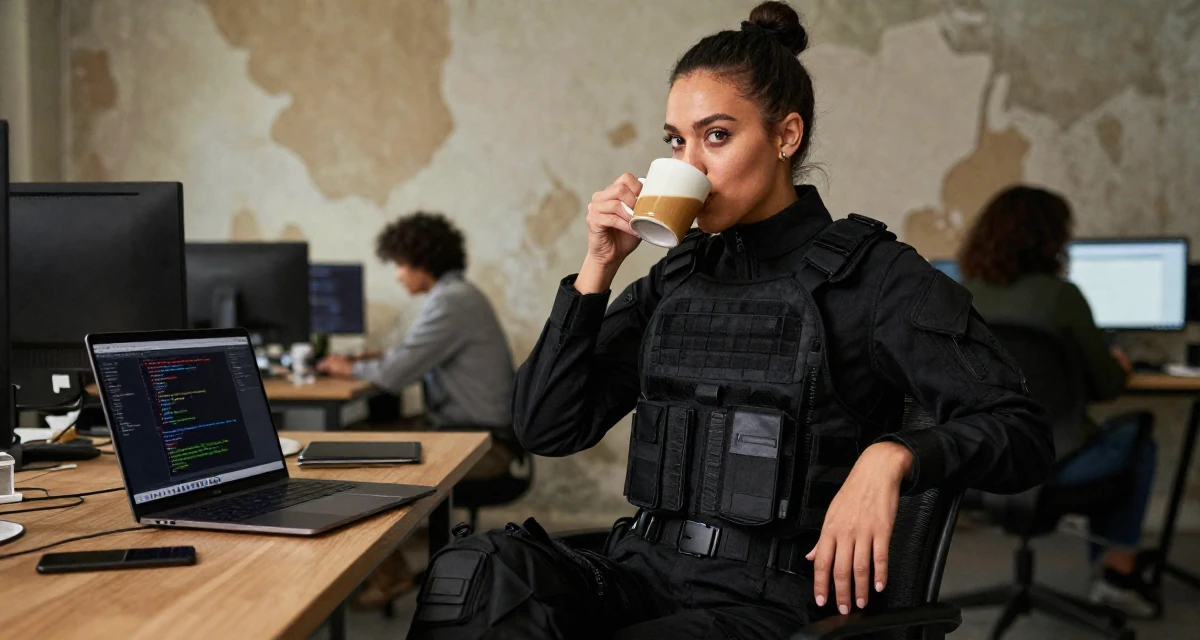 A captivating Female Previously a travel-blog student, now turning trips into premium creator content in their 25, embracing full creative control over a bold persona, wearing a special forces tactical suit in matte black, sipping a warm drink in a busy coworking space.