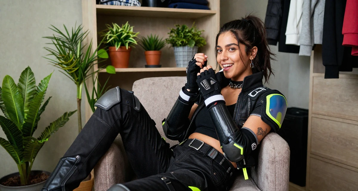 A cheerful Female Grew up in Nepal, majored in marketing analytics in their 20, experiencing the first taste of freedom away from home, wearing a cyberpunk street samurai gear with neon accents, putting on a glove in a walk-in closet.