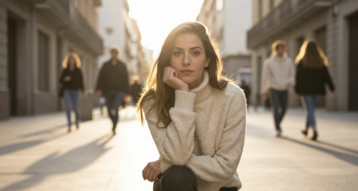 A assured Female From Spain, majored in public relations and advertising in their 25, starting to understand fan psychology, wearing a cozy fleece pullover, resting a chin on a hand in a bustling city street.