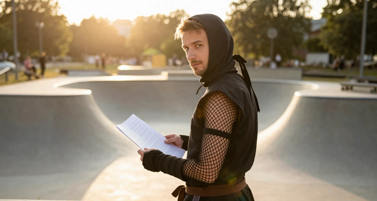 A gently serious male From Germany, based in Hamburg, graduated from a design academy majoring in interaction design in their 41, rediscovering personal style after forty, wearing a ninja kunoichi outfit with fishnet details, holding a piece of paper in a skate park.