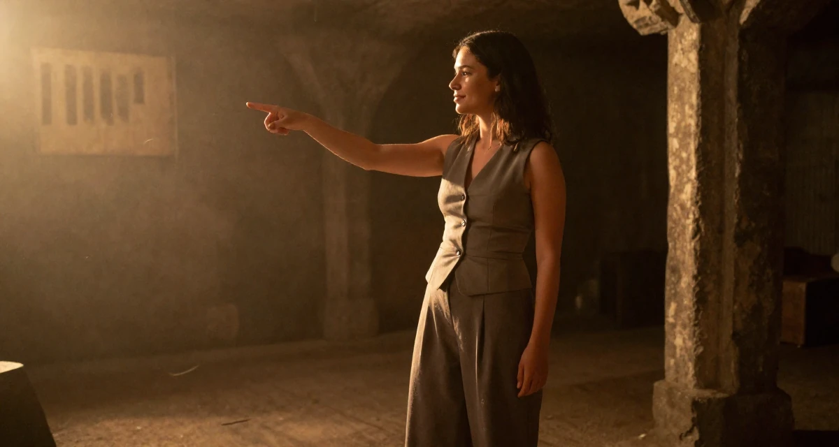 A peaceful Female From Canada, studied kinesiology in their 23, learning that creativity doesn’t pay rent—consistency does, wearing a fitted waist coat and wide leg trousers, pointing at something nearby in a dungeon cell.