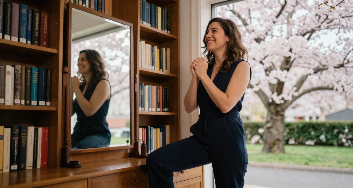 A triumphant Female From Australia, studied sports science and nutrition in their 23, saving aggressively for a dream travel trip, wearing a chic jumpsuit styling, clasping hands together in a vanity mirror.
