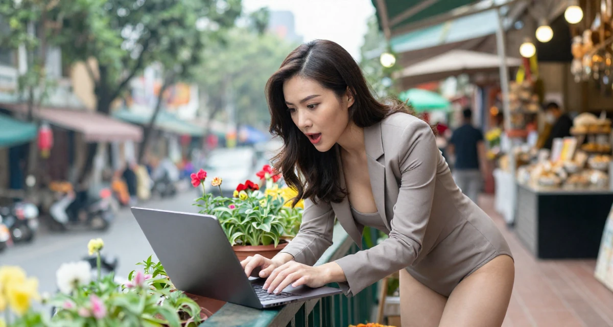 A spirited Female From Hanoi Vietnam, holds a degree in economics in their 31, teaching photography and editing skills, wearing a bodysuit with a blazer and no pants (editorial look), typing on a laptop in a blooming flower garden.
