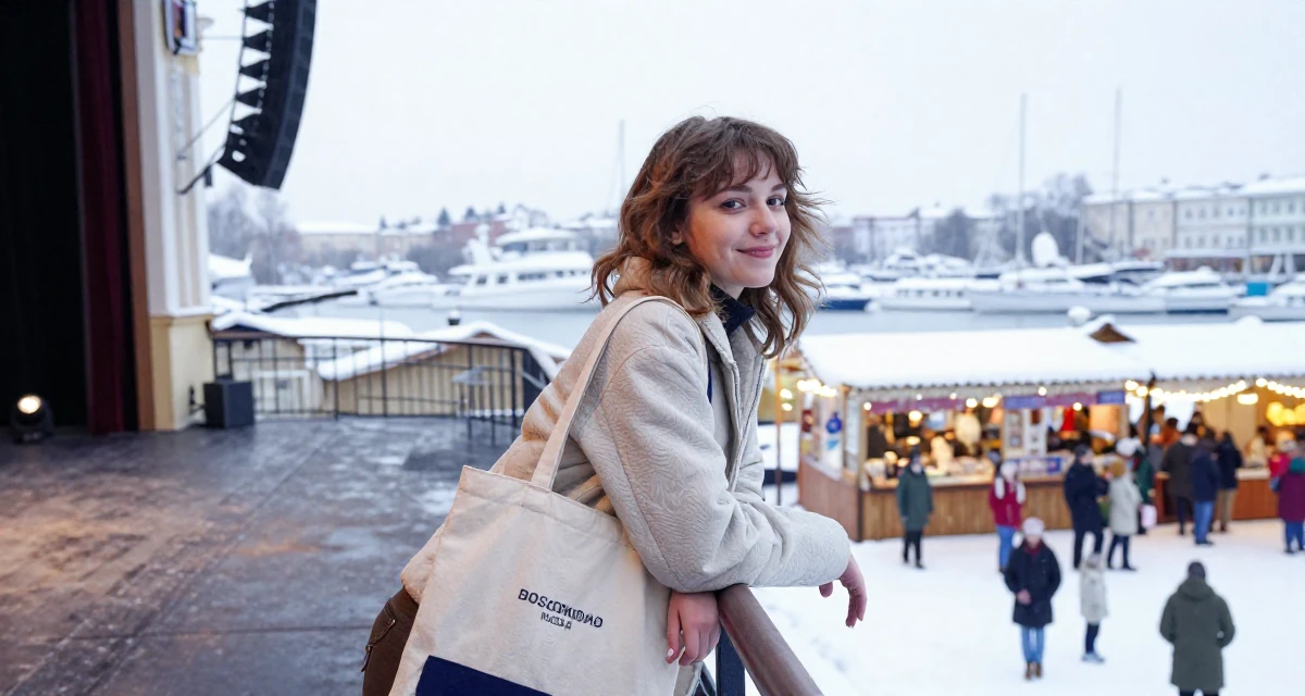 A satisfied Female From Moscow Russia, trained in rhythmic gymnastics and body control in their 22, forming early ideas of personal branding, wearing a retro 90s casual vibe, carrying a tote bag in a theater stage.