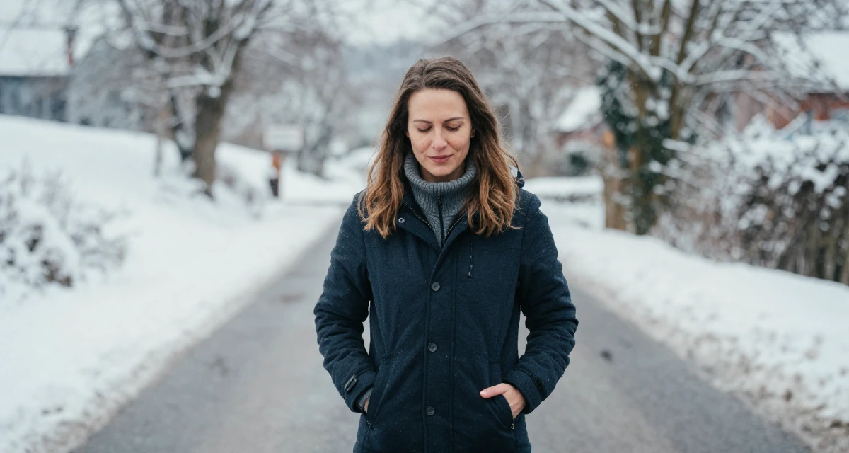 A peaceful Female From Germany, studied industrial design at a technical college in their 38, focused on longevity and holistic wellness, wearing a classic collegiate style, sliding a hand into a pocket in a country road.