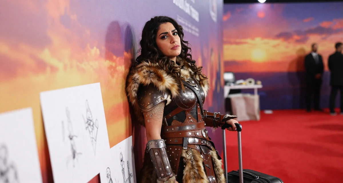 A confused Female From Arabic-speaking world, majored in health administration in their 30, rebuilding self-worth beyond content performance, wearing a viking shield-maiden outfit with fur and leather, pulling a suitcase in a red carpet event.