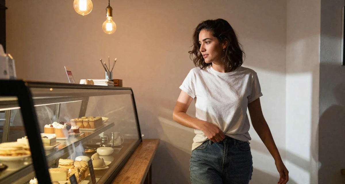 A captivating Female From the United Kingdom, based in Manchester, graduated from a city university majoring in marketing strategy in their 22, sacrificing weekends for content planning, wearing a minimalist everyday clothing, smoothing out clothes in a bakery counter.