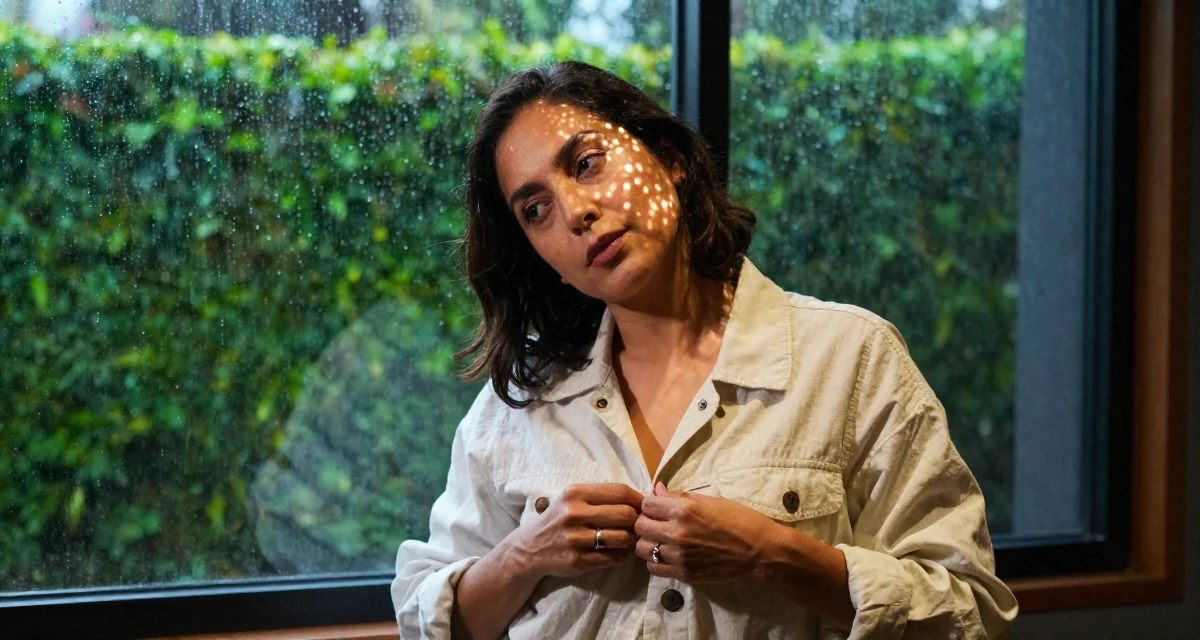 A mysterious Female From Mexico City Mexico, studied graphic communication in their 46, fashionista proving style has no age limit, wearing a light and airy spring attire, buttoning up a jacket in a music recording studio.