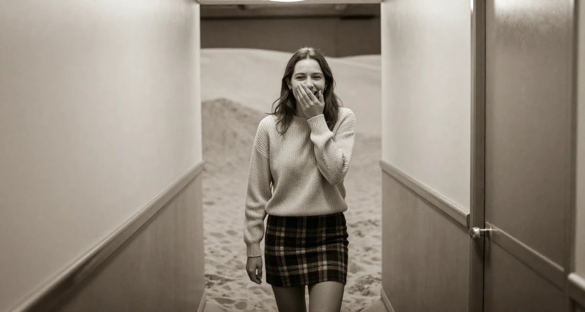 A expectant Female From Finland, majored in educational psychology in their 22, facing judgment from people who don’t understand creator life, wearing a fitted merino wool sweater and plaid mini skirt, covering a laugh with one hand in a narrow hallway.
