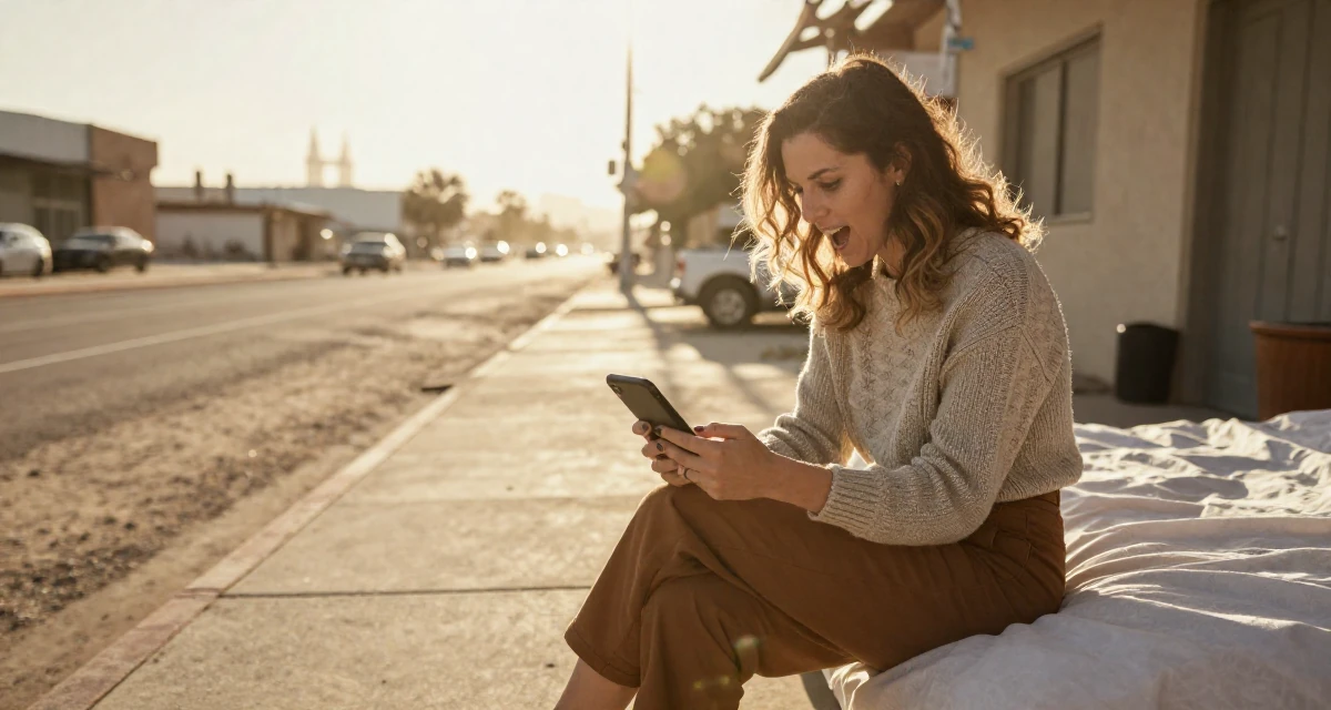 A eager Female Once a swim camp counselor, now leaning into beach-centered creator storytelling in their 44, handling high healthcare expenses, wearing a vintage sweater and high-waist pants, scrolling casually in a city sidewalk.