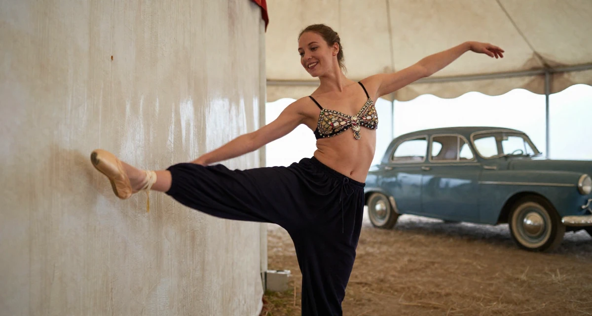 A charming Female From Russia, trained as a classical ballerina in their 25, accepting that growth is slower than motivational quotes claim, wearing a harem pants and an ornate jeweled bra top, dangling a shoe from one foot in a circus tent interior.