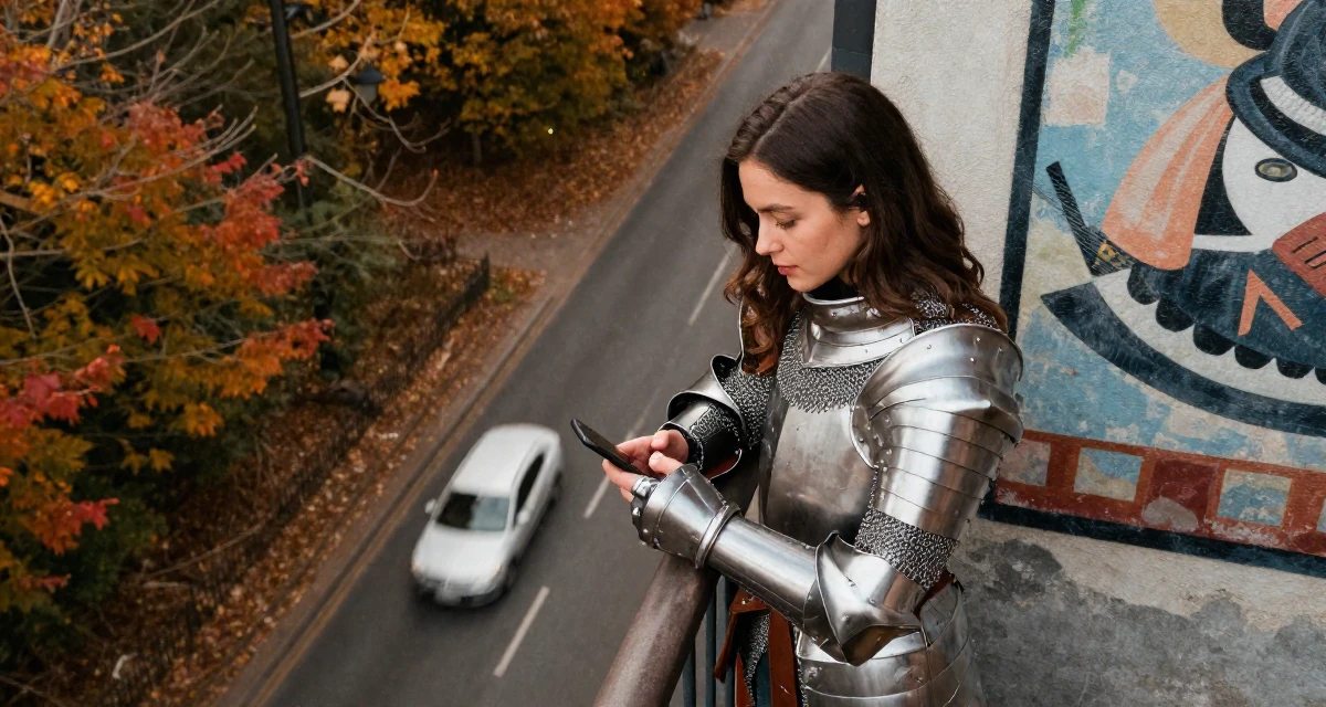 A serene Female Former bakery assistant, now crafting sweet, soft-aesthetic creator vibes in their 22, building early fan loyalty through replies and messaging, wearing a female knight armor with a tabard and chainmail, checking a notification on a phone in a autumn forest.