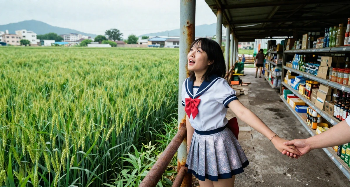 A spirited Female From South Korea, studied interface design in their 25, learning to batch-shoot to save time, wearing a magical girl anime costume with a sparkly short skirt, holding hands with someone unseen in a supermarket aisle.