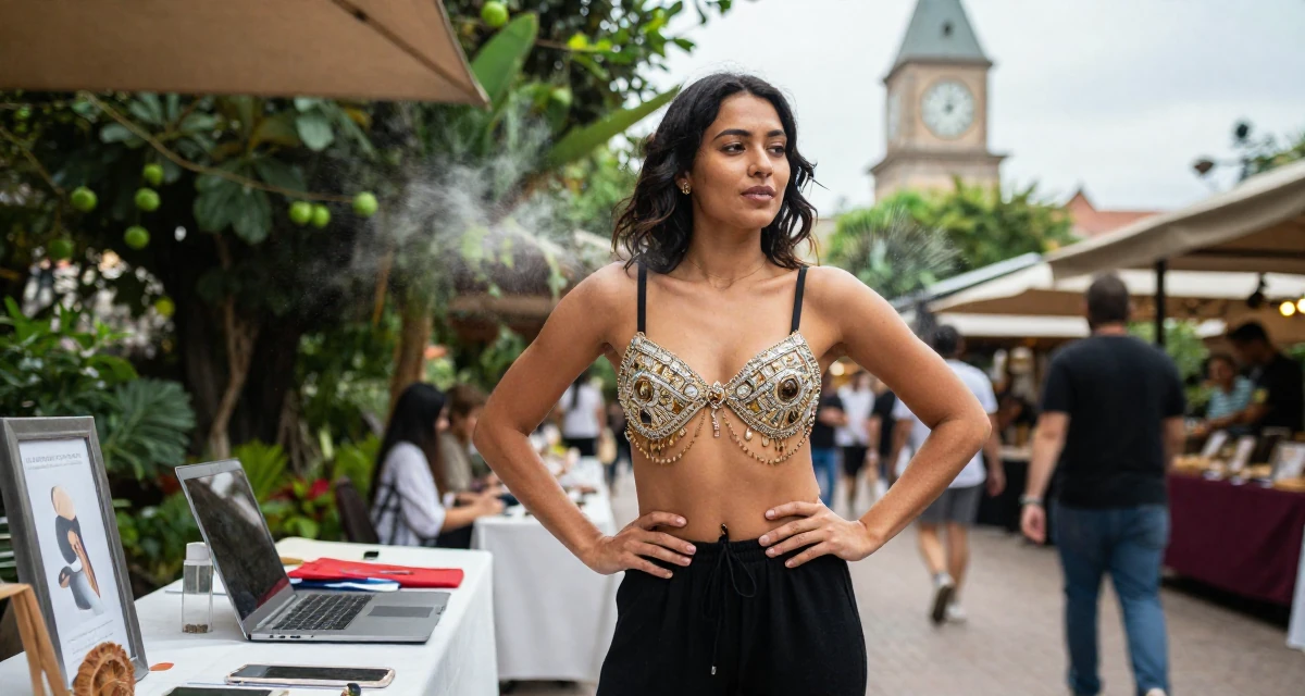 A soulful Female Once a junior marketing intern, now a full-time creator in their 25, balancing hard work with luxury self-care, wearing a harem pants and an ornate jeweled bra top, dusting off the shoulder in a garden patio.