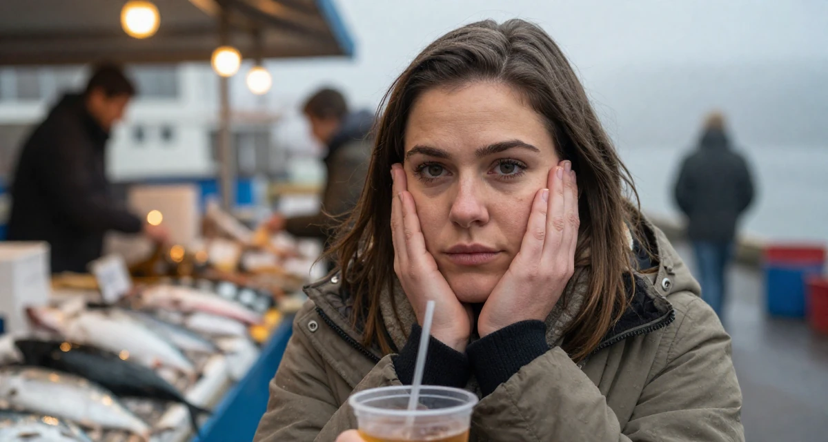 A contemplative Female Once a logistics coordinator, now creating body-positivity material in their 37, focused on building generational wealth, wearing a warm winter layered look, holding a cold drink in a foggy harbor.