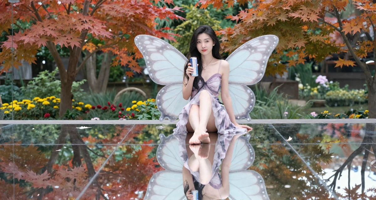 A teasing Female From China, studied computer graphics in their 28, new to financial independence, wearing a butterfly-themed fairy dress with large wings, holding a beverage can in a blooming flower garden.
