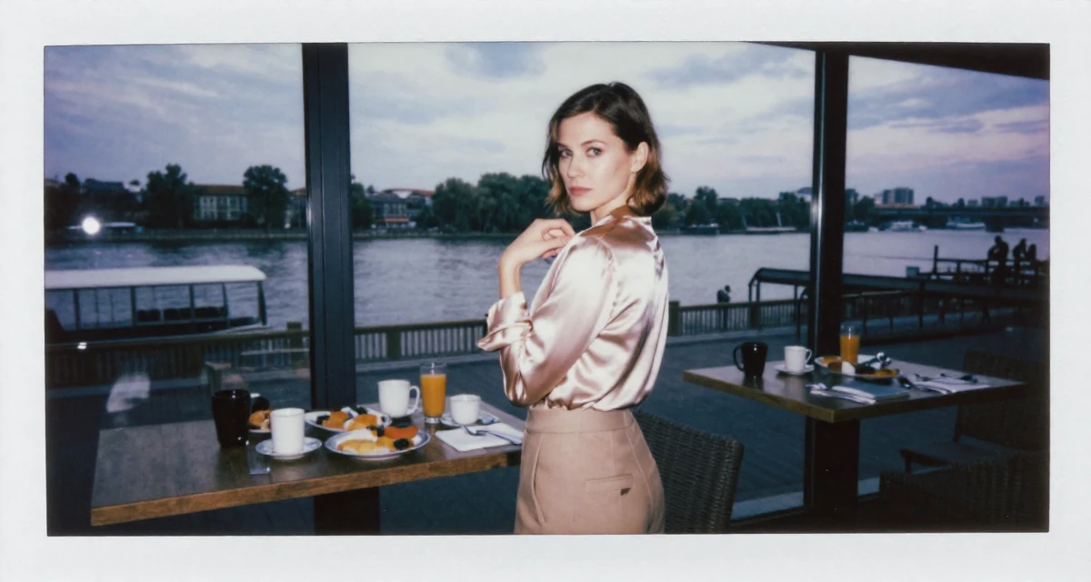 A focused Female From Moscow Russia, trained in rhythmic gymnastics and body control in their 49, focusing on spiritual growth and grounding, wearing a high-waisted beige trousers and a tucked-in satin blouse, adjusting a shoulder strap in a breakfast nook.