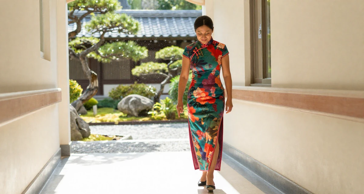 A gently amused Female From Peru, based in Arequipa, graduated from a local university majoring in business communication in their 50, proof that life begins at fifty, wearing a Chinese qipao (cheongsam) modified with a high slit, looking down at the ground shyly in a hospital corridor.