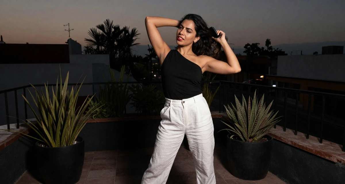 A mischievous Female From Mexico, based in Guadalajara, graduated from a cultural academy majoring in expressive body movement in their 36, sharing the ups and downs of entrepreneurship, wearing a one-shoulder fitted top and white linen trousers, brushing hair back in a rooftop terrace at sunset.