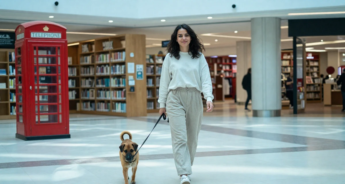 A relaxed and happy Female Previously a music major, now offering exclusive performance clips in their 23, managing early burnout from overcommitment, wearing a clean, neutral-toned casual outfit, walking a dog (leash visible) in a shopping mall atrium.