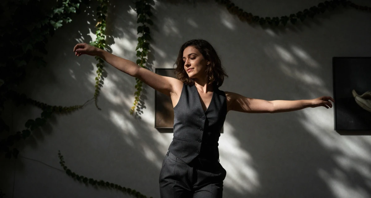 A witty Female From Switzerland, studied finance and banking in their 22, transitioning to more confident, sensual poses, wearing a fitted vest top worn without a shirt underneath and slacks, stretching arms in a art gallery.