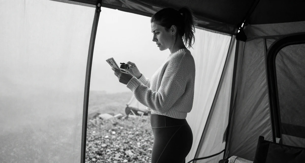 A passionate Female From Bergen Norway, focused on natural-light photography in outdoor settings in their 32, newly married and adjusting to shared finances, wearing a cropped knitted sweater and form-fitting yoga pants, inspecting an object in a camping site.