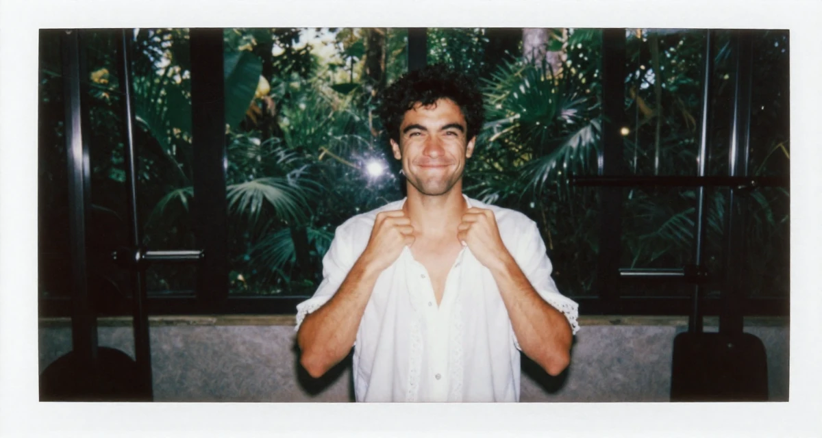 A witty male From Italy, majored in photography and visual arts in their 23, saving aggressively for a dream travel trip, wearing a white cotton nightgown with lace details, fixing a collar in a gym interior.