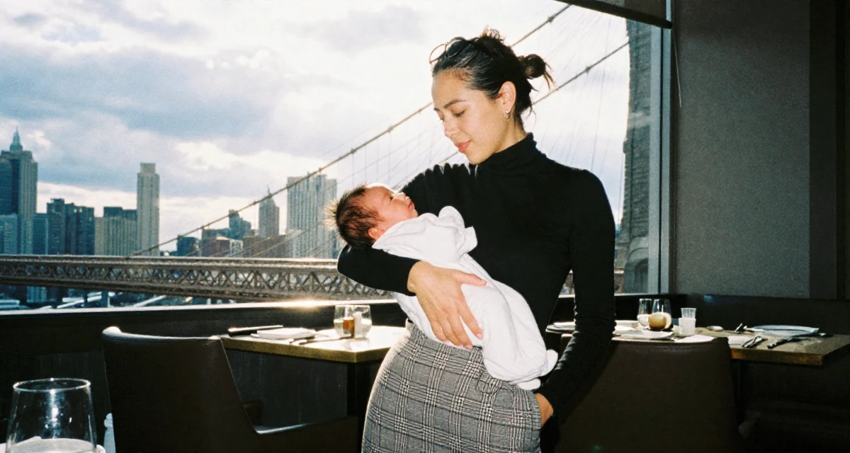 A vibrant Female Once a taekwondo athlete, now a confidence-driven creator in their 35, caring for a newborn, wearing a classic black turtleneck tucked into a plaid midi skirt, hugging a pillow or cushion in a high-end restaurant.
