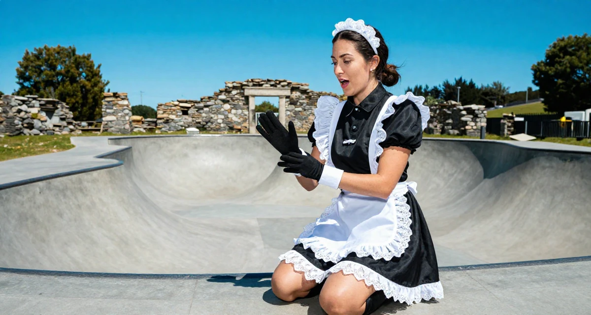 A eager Female From New Zealand, majored in landscape architecture in their 47, expert in navigating difficult conversations, wearing a french maid costume with black silk and white lace, putting on a glove in a skate park.