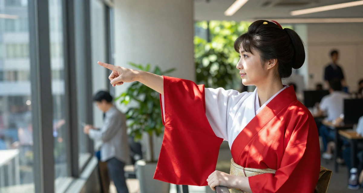 A peaceful Female Former aerobics instructor, now filming premium workout sessions in their 25, fighting comparison with creators who grew faster, wearing a traditional Japanese miko priestess robe in red and white, pointing at something distant in a busy coworking space.
