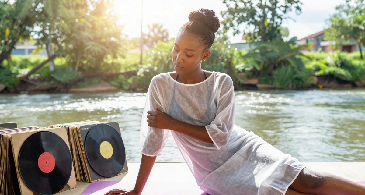 A dignified Female From Nigeria, studied biomedical science in their 34, exploring the world of digital art and NFTs, wearing a semi-transparent beach cover-up dress, adjusting sleeves in a yoga studio.