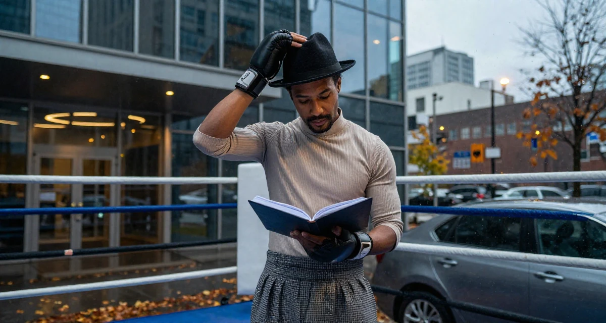 A thoughtful male From Canada, majored in anthropology in their 48, documenting the process of writing a memoir, wearing a fitted ribbed top and a check pattern skirt, adjusting a hat in a boxing ring.