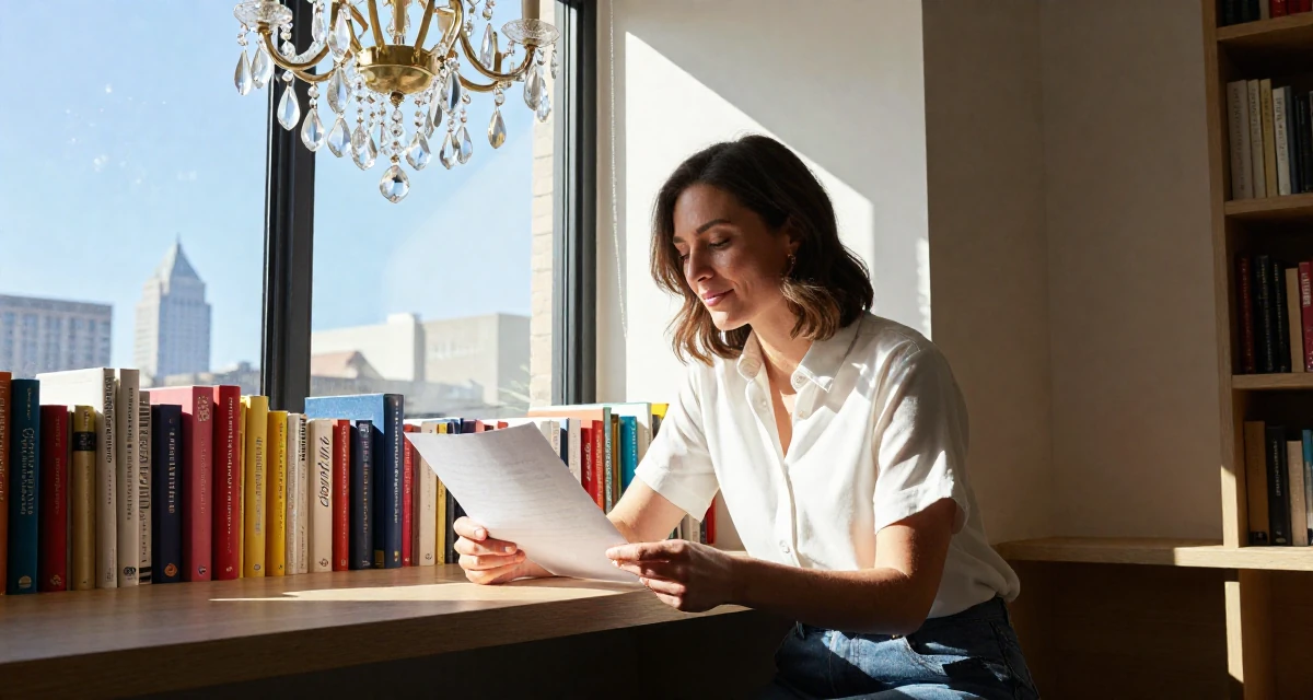 A satisfied Female From USA, studied marketing and consumer behavior in their 35, teaching financial literacy to other women, wearing a minimalist Scandinavian style, holding a piece of paper in a cozy reading nook by a window.