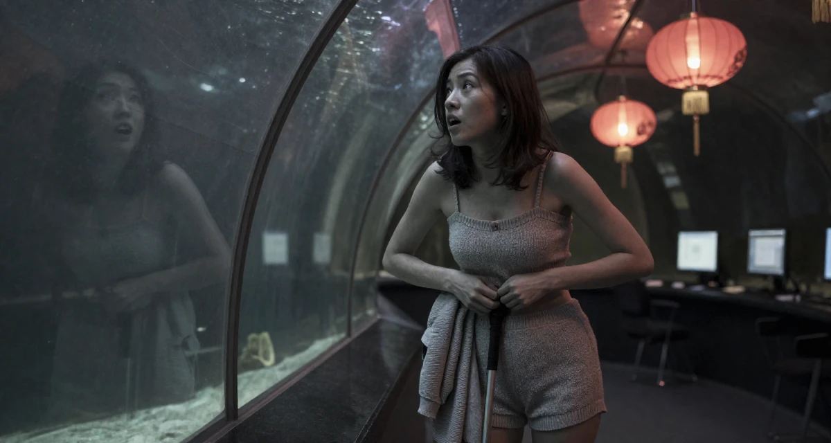 A energetic Female From Singapore, based in Jurong, graduated from a polytechnic majoring in aesthetic marketing in their 25, struggling to maintain motivation in early studies, wearing a knitted loungewear shorts and a matching tiny top, buttoning up a jacket in a aquarium tunnel.