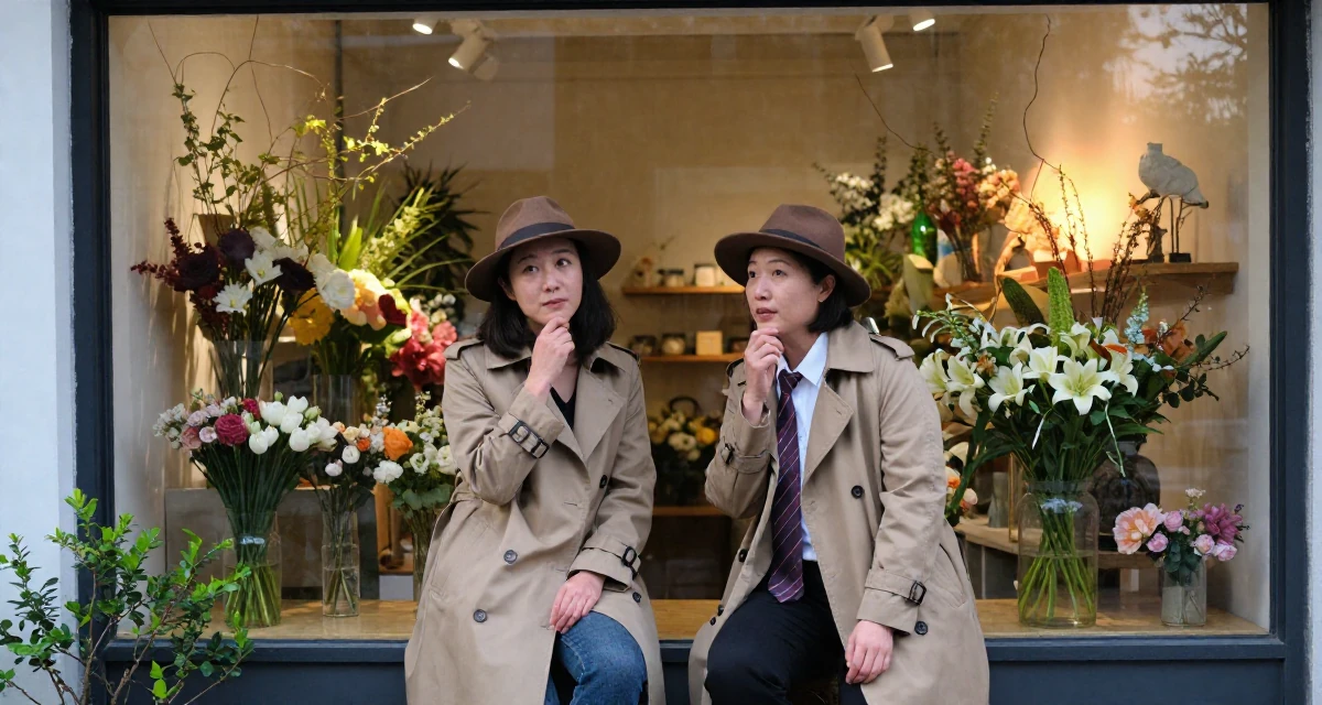A deeply thinking Female From Nanjing China, graduated with a finance major in their 49, celebrating female friendship and support, wearing a detective trench coat and fedora hat, playing with a tie in a flower shop entrance.