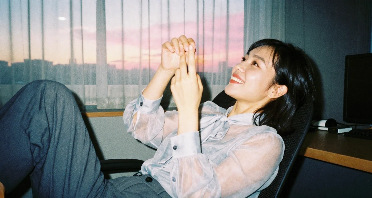 A cheerful Female Once a kindergarten teacher, now a full-time lifestyle content creator in their 49, noticing early burnout signs, wearing a sheer chiffon blouse with a bow tie neck and slacks, inspecting fingernails in a radio station.