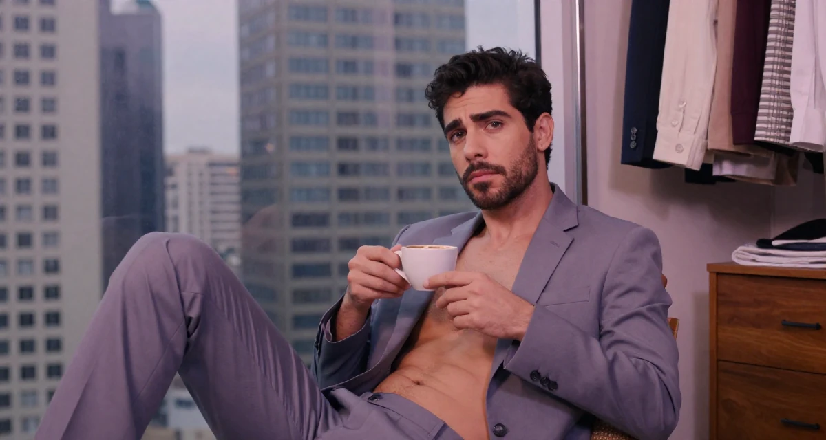 A disinterested male From Brazil, based in Rio de Janeiro, graduated from an arts academy majoring in performance aesthetics in their 23, discovering the allure of slow, controlled movement, wearing a fitted blazer with nothing underneath but a lace bra (hinted), holding a cup of coffee in a walk-in closet.
