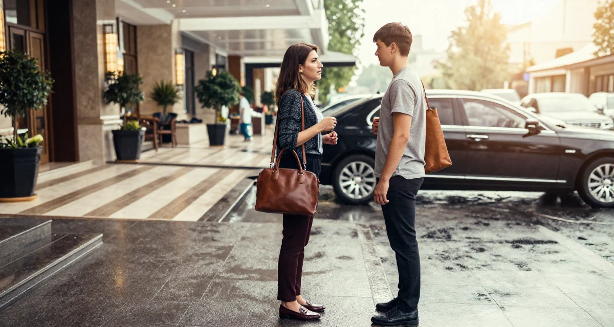 A nostalgic Female From Uzbekistan, majored in information systems in their 41, confident mother of teenagers sharing advice, wearing a polished loafer and trousers look, carrying a leather handbag in a luxury hotel lobby.