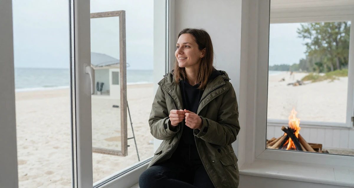 A delighted Female From Saint Petersburg Russia, studied fine arts in their 23, radiating a quiet determination to succeed, wearing a stylish parka jacket, cracking knuckles in a tropical white sand beach.