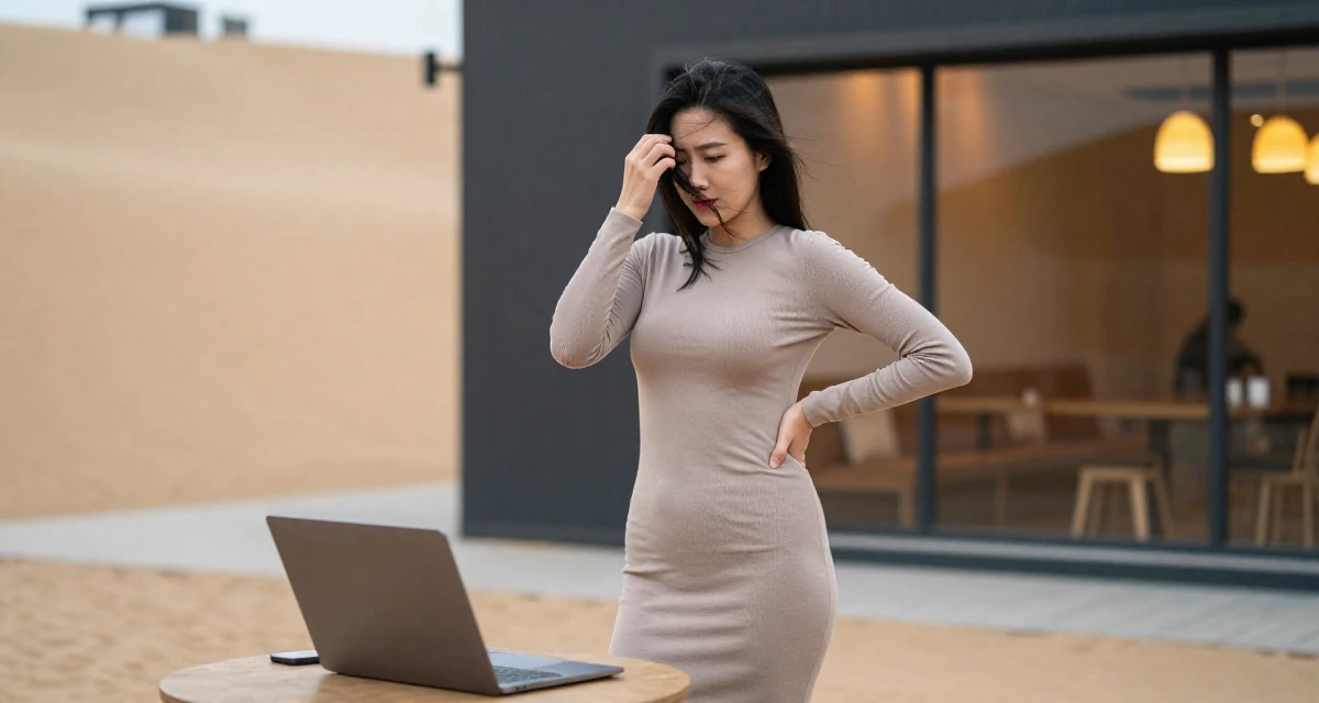 A quietly content Female From Shenzhen China, graduated in computer science in their 30, freelancing after a layoff, wearing a long-sleeve bodycon midi dress in neutral tones, brushing hair away from the face in a desert sand dunes.