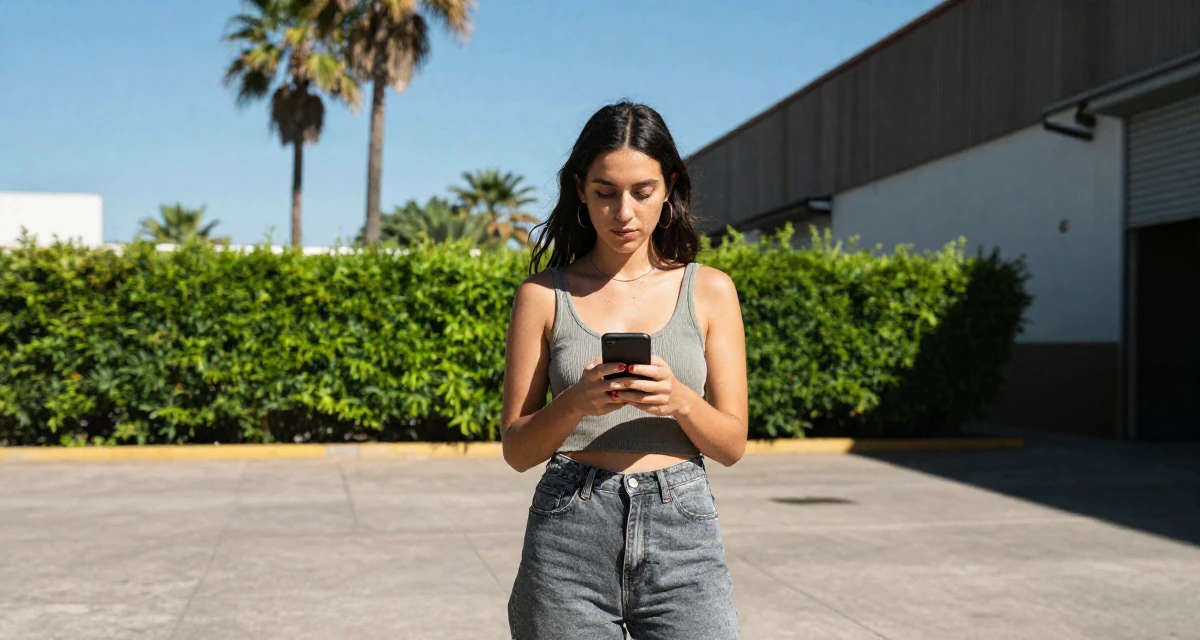 A composed Female From Córdoba Argentina, studied emotional storytelling in photography in their 23, making decisions that will shape future lifestyle, wearing a modern grunge aesthetic, texting with both thumbs in a industrial warehouse.