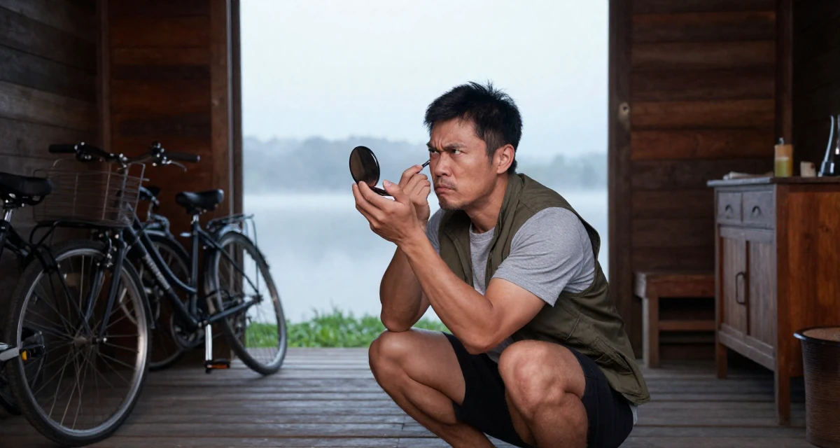 A rebellious male From Taiwan, based in Kaohsiung, graduated from an arts program majoring in intimate scene design in their 40, prioritizing longevity and functional fitness, wearing a casual vest and t-shirt layer, checking makeup in a compact mirror in a rustic wooden cabin interior.