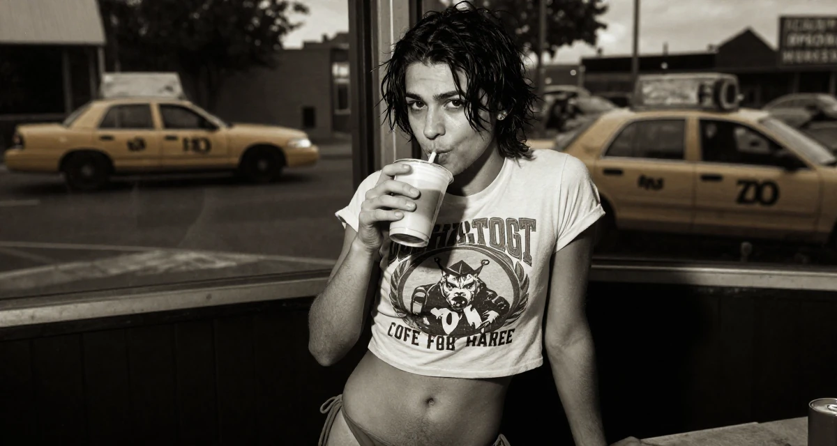 A moody male Once a biology student, now exploring sensual posing as art in their 22, learning that fans disappear as fast as they come, wearing a cropped graphic tee and bikini bottoms, sipping a latte in a radio station.