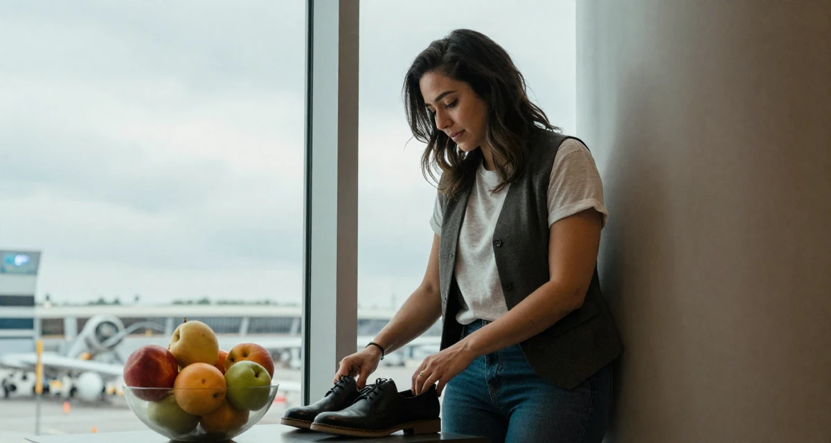 A bewitching Female From New York USA, learned editorial posing through fashion internships in their 36, expert in interior design and home decor, wearing a casual vest and t-shirt layer, looking down at shoes in a airport terminal.