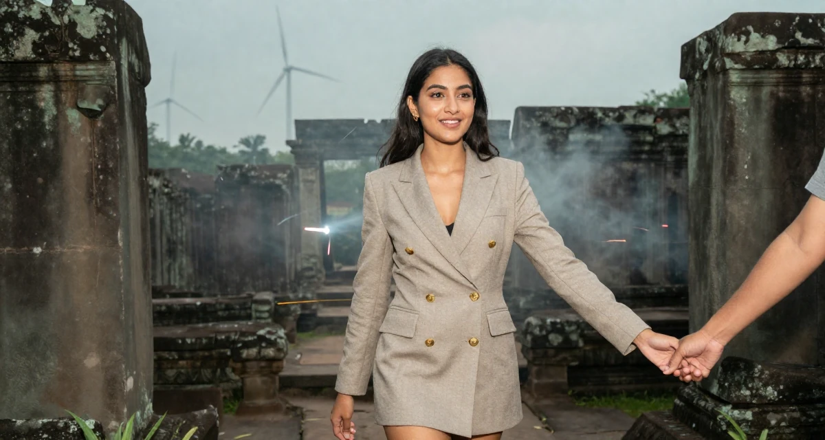 A warm Female From Kuala Lumpur Malaysia, self-taught content creator specializing in color grading in their 24, glowing with the confidence of experience, wearing a double-breasted blazer dress with gold buttons, holding hands with someone unseen in a ancient stone ruins.