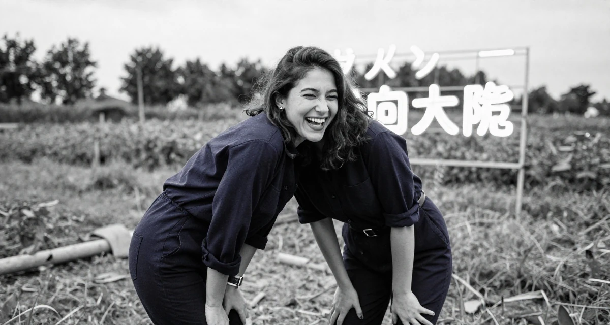 A vibrant Female From Turkey, majored in mechatronics in their 22, comparing growth with other creators and feeling pressure, wearing a classic navy blue ensemble, laughing uncontrollably in a farm field.